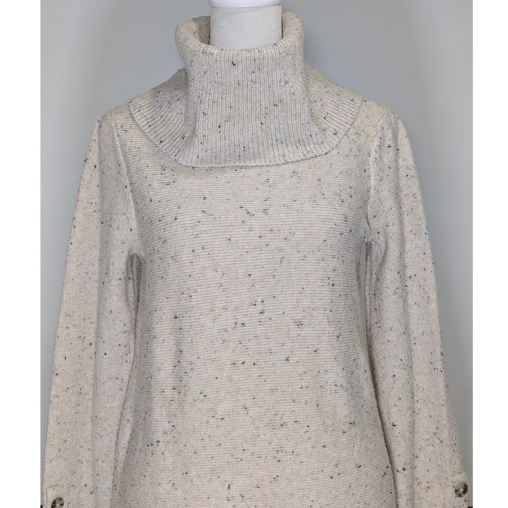 LOFT Women's Cream Speckled Turtleneck Long Sleeve Sweater Dress‎ Button Cuff S - Picture 4 of 8